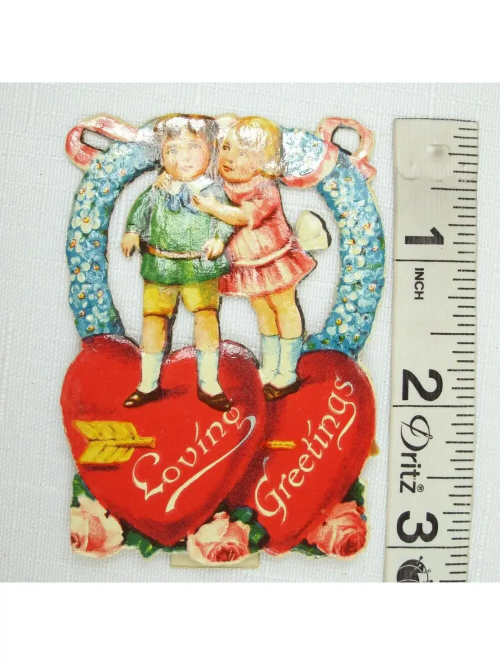 Vintage Valentine Die Cut Stand Up Victorian Girl Boy Flowers 1920-30s UNSIGNED
